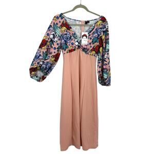 Frida Kahlo Shein Loral Print Midi Dress Size Small Balloon Sleeves Artsy NWT